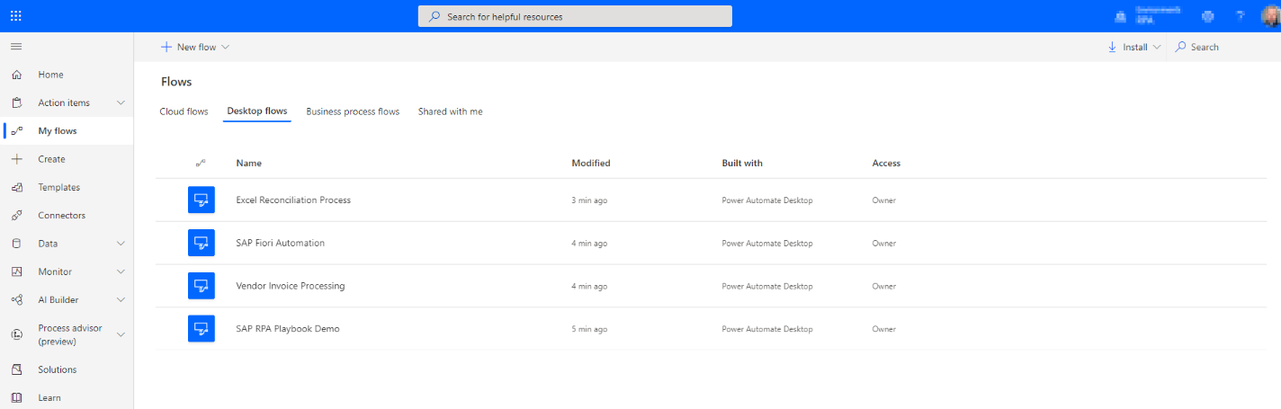 Screenshot der Desktop-Flows-Registerkarte im Power Automate-Portal auf der Seite „Meine Flows“.