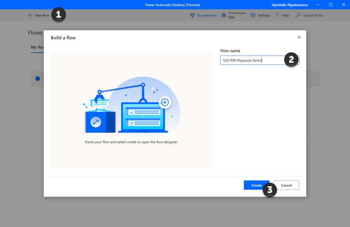 Screenshot des Power Automate Desktop-Dialogfelds zum Benennen eines neuen Flows.