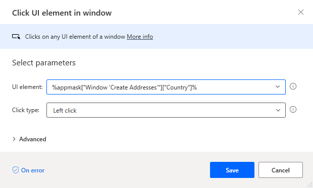 Screenshot des Power Automate Desktop-Designer-Fensters mit „Auf UI-Element in Fenster klicken“-Aktion und Linksklicktyp.