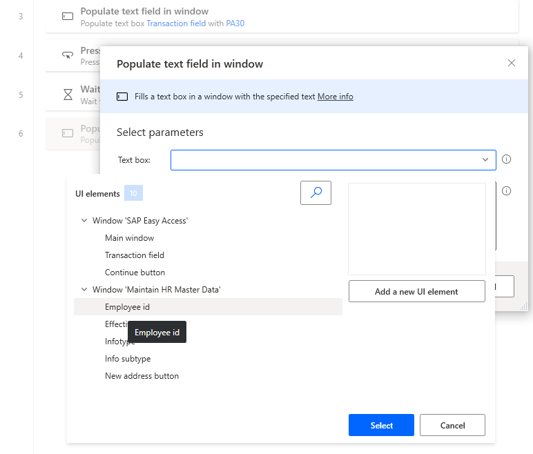 Screenshot des Power Automate Desktop-Designer-Fensters mit geöffnetem „Textfeld in Fenster ausfüllen“-Dialogfeld und geöffnetem UI-Elemente-Dropdown-Menü.