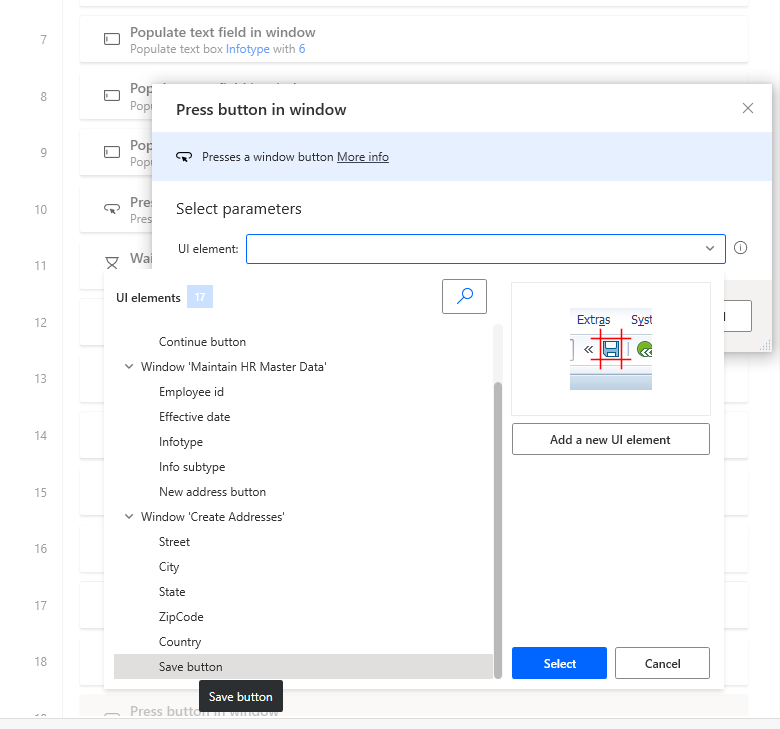 Screenshot des Power Automate Desktop-Designer-Fensters mit geöffnetem „Schaltfläche im Fenster drücken“-Dialogfeld und geöffneter Variablenliste und ausgewählter Schaltfläche „Speichern“.