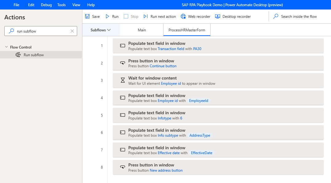 Screenshot des Power Automate Desktop-Designer-Fensters mit geöffnetem ProcessHRMasterForm-Subflow und eingefügten kopierten Zeilen.