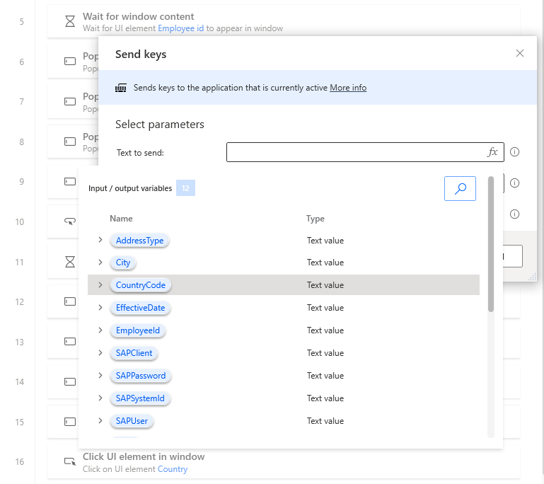 Screenshot des Power Automate Desktop-Designer-Fensters mit geöffnetem „Tastaturbefehle senden“-Dialogfeld und geöffneter Variablenliste.