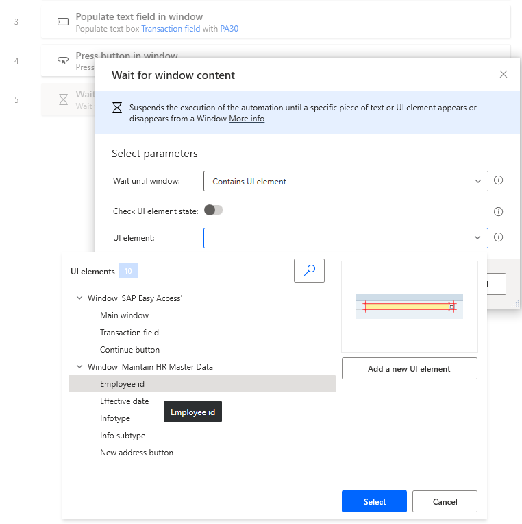 Screenshot des Power Automate Desktop-Designer-Fensters mit geöffnetem „Warten auf Fensterinhalt“-Dialogfeld und geöffnetem UI-Element-Dropdown-Menü.