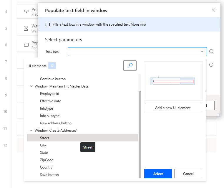 Screenshot des Dialogfelds „Textfeld in Fenster ausfüllen“ mit geöffnetem Dropdown-Menü „Textfeld“ und angezeigten verfügbaren UI-Elementen.