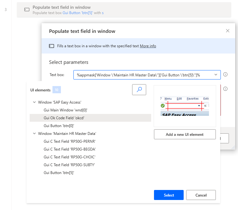 Screenshot des Dialogfelds „Textfeld in Fenster ausfüllen“ mit geöffnetem Dropdown-Menü „Textfeld“ und angezeigten verfügbaren UI-Elementen.