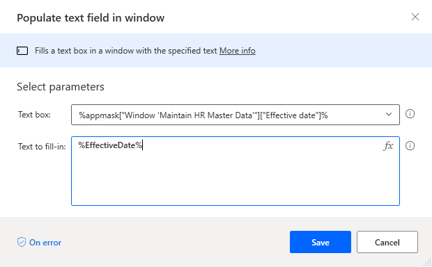 Screenshot des Dialogfelds „Textfeld in Fenster ausfüllen“, wobei das Textfeldfeld auf „Gültigkeitsdatum“ und der auszufüllende Text auf „EffectiveDate“ eingestellt ist.