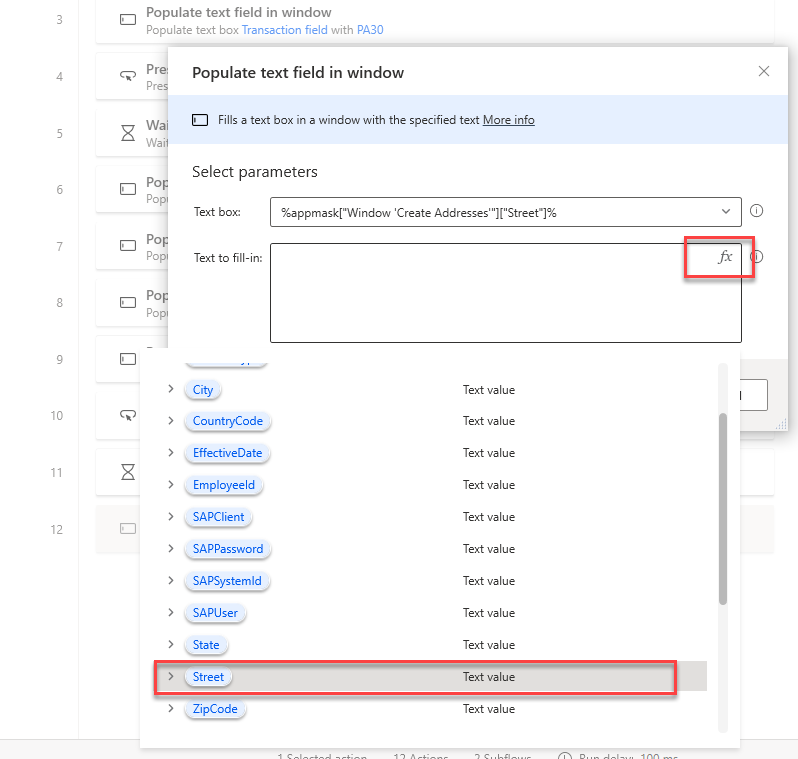 Screenshot des geöffneten „Textfeld in Fenster ausfüllen“-Dialogfelds und geöffneter Variablenliste mit ausgewählter Variable „Straße“.