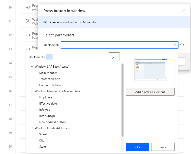 Screenshot des Power Automate Desktop-Designer-Fensters mit geöffnetem „Schaltfläche im Fenster drücken“-Dialogfeld und geöffneter Variablenliste.