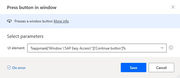 Screenshot mit dem Dialogfeld „Schaltfläche im Fenster drücken“ mit ausgewählter Schaltfläche „Weiter“ und hervorgehobener Option „Speichern“.