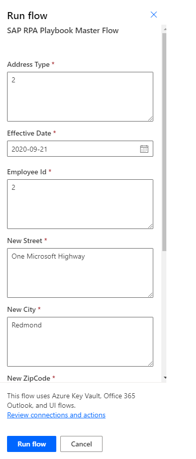 Screenshot des Dialogfelds „Flow ausführen“ im Power Automate-Portal mit eingegebenen Werten und ausgewählter Schaltfläche „Flow ausführen“.