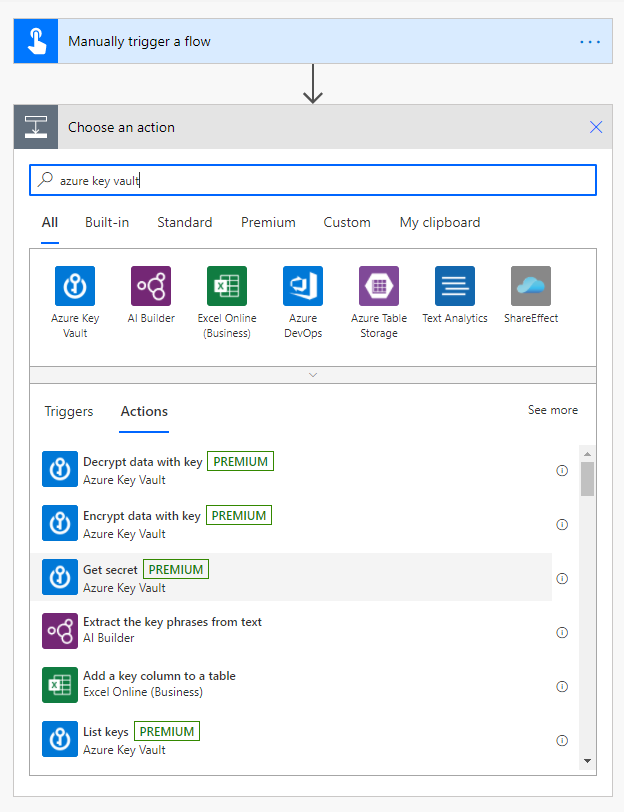 Screenshot der Auswahl der Azure Key Vault-Aktion „Get secret“ im Power Automate-Flow-Designer.