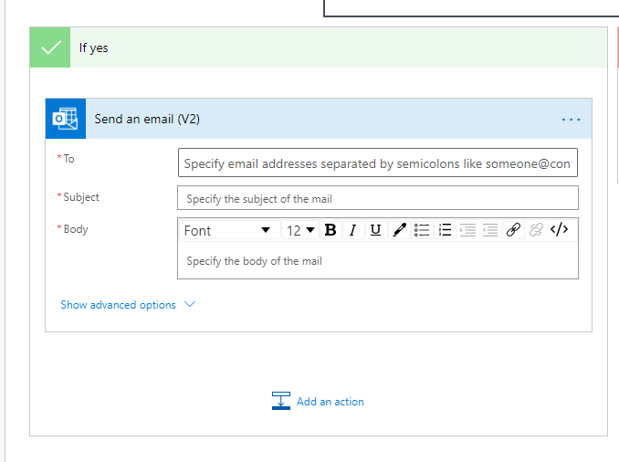 Screenshot der Aktion „E-Mail senden (V2)“.