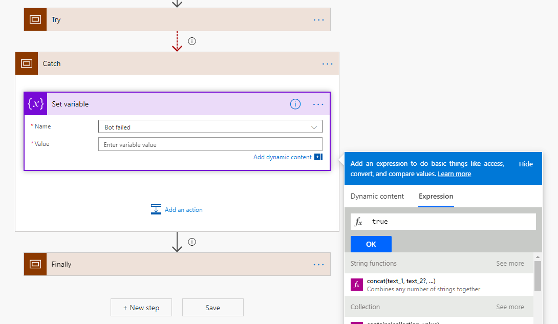 Screenshot der Aktion „Variable festlegen“ und des Dialogfelds „Ausdruck“.