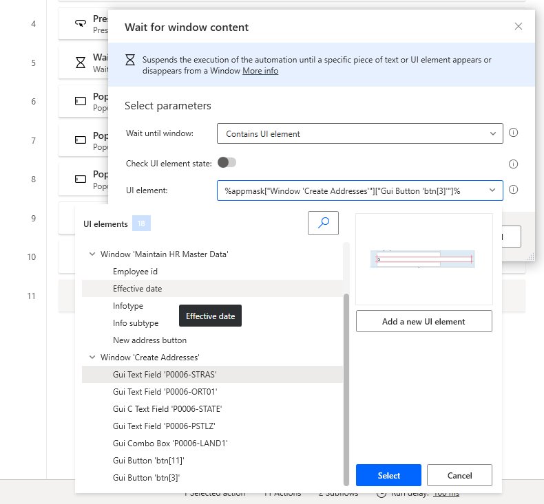 Screenshot des geöffneten Dialogfelds „Warten auf Fensterinhalt“ mit geöffnetem Dropdown-Menü für Benutzeroberflächenelemente.