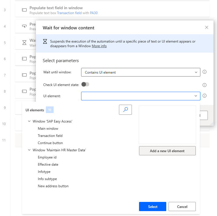 Screenshot des Dialogfelds „Warten auf Fensterinhalt“ mit geöffnetem Dropdown-Menü für Benutzeroberflächenelemente.