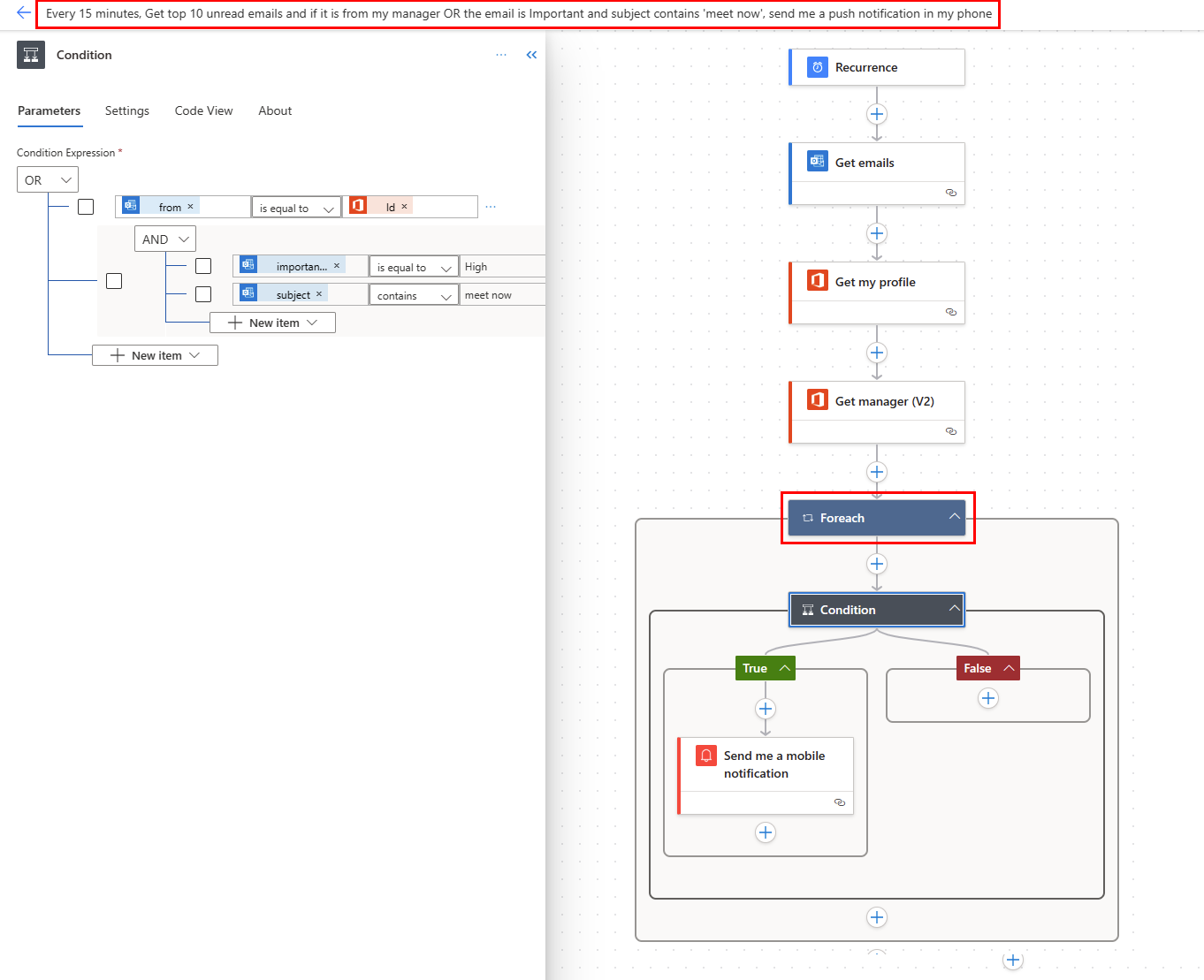 Screenshot eines Flows, der von Copilot basierend auf Ihrer Eingabeaufforderung erstellt wurde.