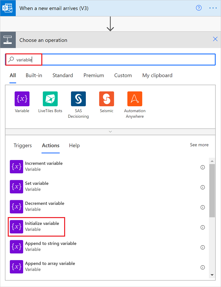 Screenshot der Aktion „Variable initialisieren“.