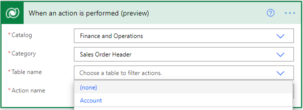 Screenshot des Triggers „Wenn eine Aktion ausgeführt wird“ im Power Automate Cloud-Flow-Designer