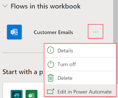 Screenshot der Optionen des Flow-Verwaltungstools in Excel für das Web.