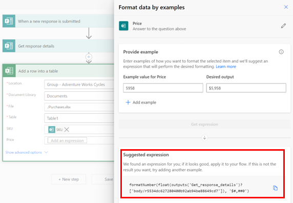 Screenshot, der anhand eines Beispiels zeigt, wie eine Zahl in eine Währung formatiert wird. Power Automate schlägt den Ausdruck vor, um diese Transformation zu erreichen.