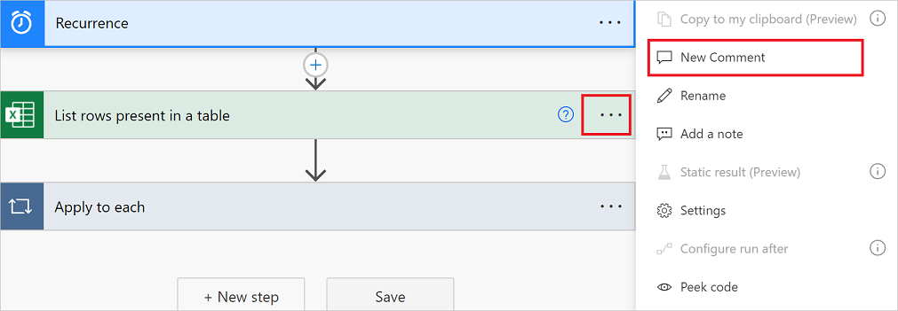 Screenshot des Menüs, das die Option „Neuer Kommentar“ enthält