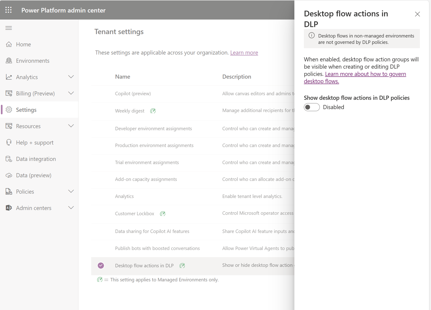 Screenshot der Einstellung „DLP für Desktop-Flows“ im Power Platform Admin Center.