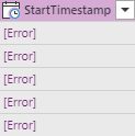 Screenshot von Fehlern in StartTimestamp.