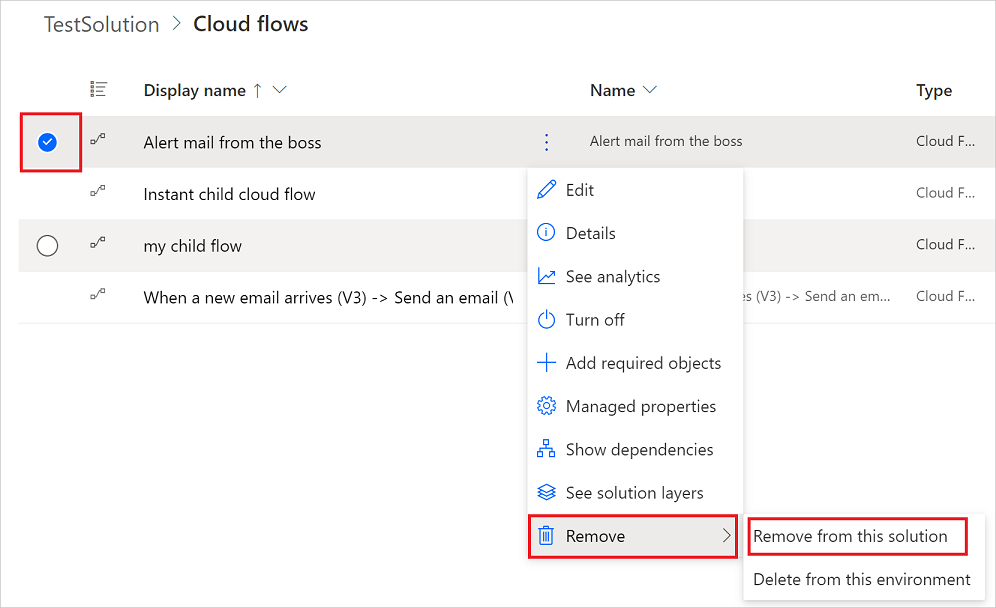 Ein Screenshot, der die Option zum Entfernen eines Flows aus einer hervorgehobenen Lösung zeigt.