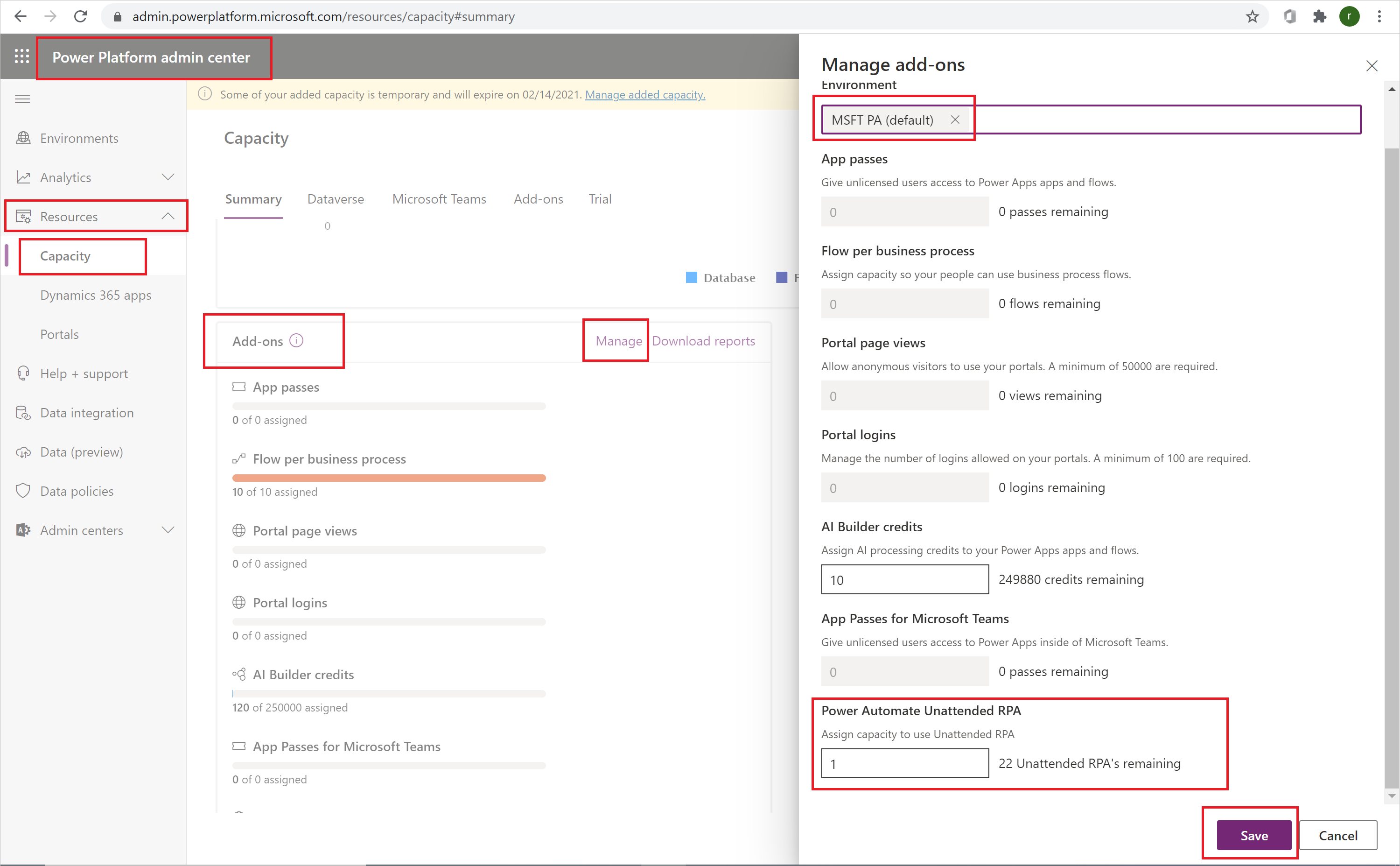 Screenshot der Seite „Add-Ons verwalten“ im Power Platform Admin Center, mit hervorgehobenen Feldern.