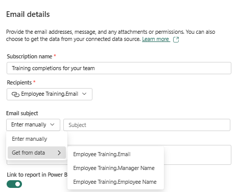 Screenshot: Power BI-Dienst mit Optionen für dynamische Parameter im Fenster „E-Mail-Details“.