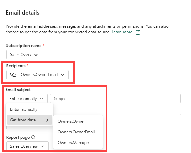 Screenshot: Power BI-Dienst mit Optionen für dynamische Parameter im Fenster „E-Mail-Details“.