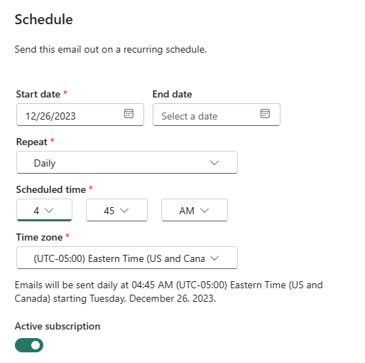 Screenshot: Power BI-Dienst mit dem Fenster „Zeitplan“.