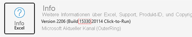 Screenshot von „Info zu Excel“ mit der Buildnummer.