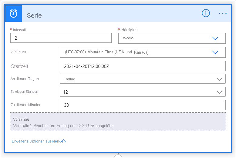 Screenshot that shows the option to select advanced recurrence options.