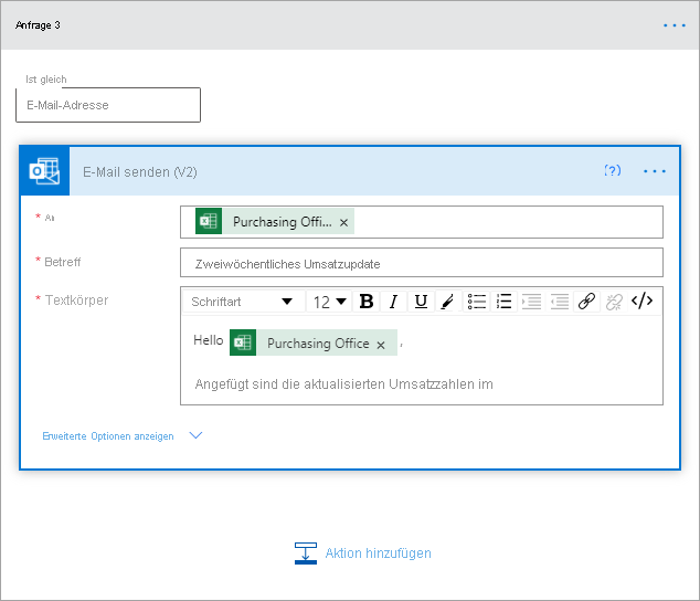 Screenshot that shows the case where you're sending your paginated report as an email via Outlook.