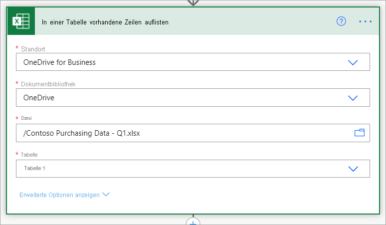 Select the Excel Online file and name of the table.