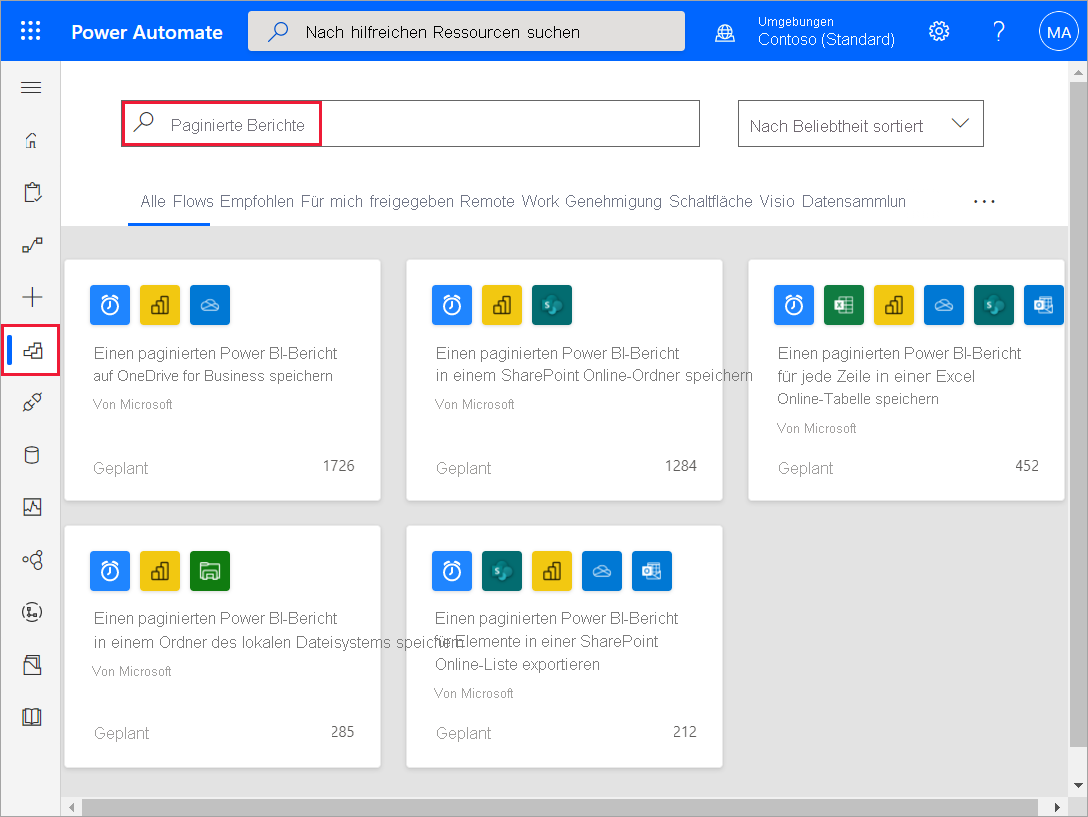 Screenshot, das die Power Automate-Vorlagen für paginierte Power BI-Berichte zeigt.