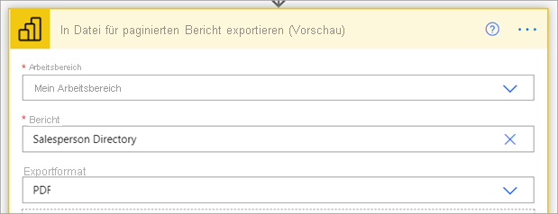 Screenshot that shows where to select the paginated report, the workspace, and the export format.