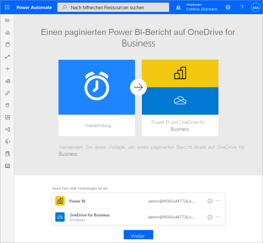 Screenshot of selecting the Power BI and OneDrive for work or school template.