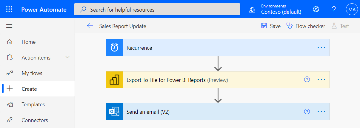 Screenshot des Power BI Automate-Fensters mit Erstellungsoptionen.