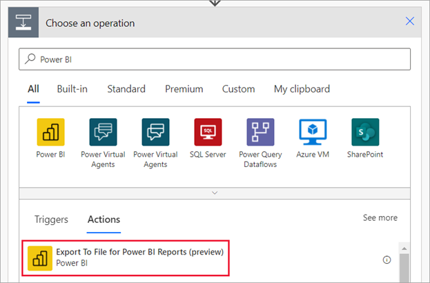 Screenshot: Dialogfeld „Power Automate“ für die Auswahl eines Vorgangs Export in Datei für Power BI-Berichte ist hervorgehoben.