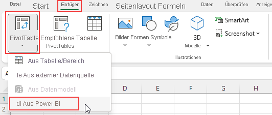 Screenshot: Einfügen einer PivotTable aus dem Power BI-Dataset.