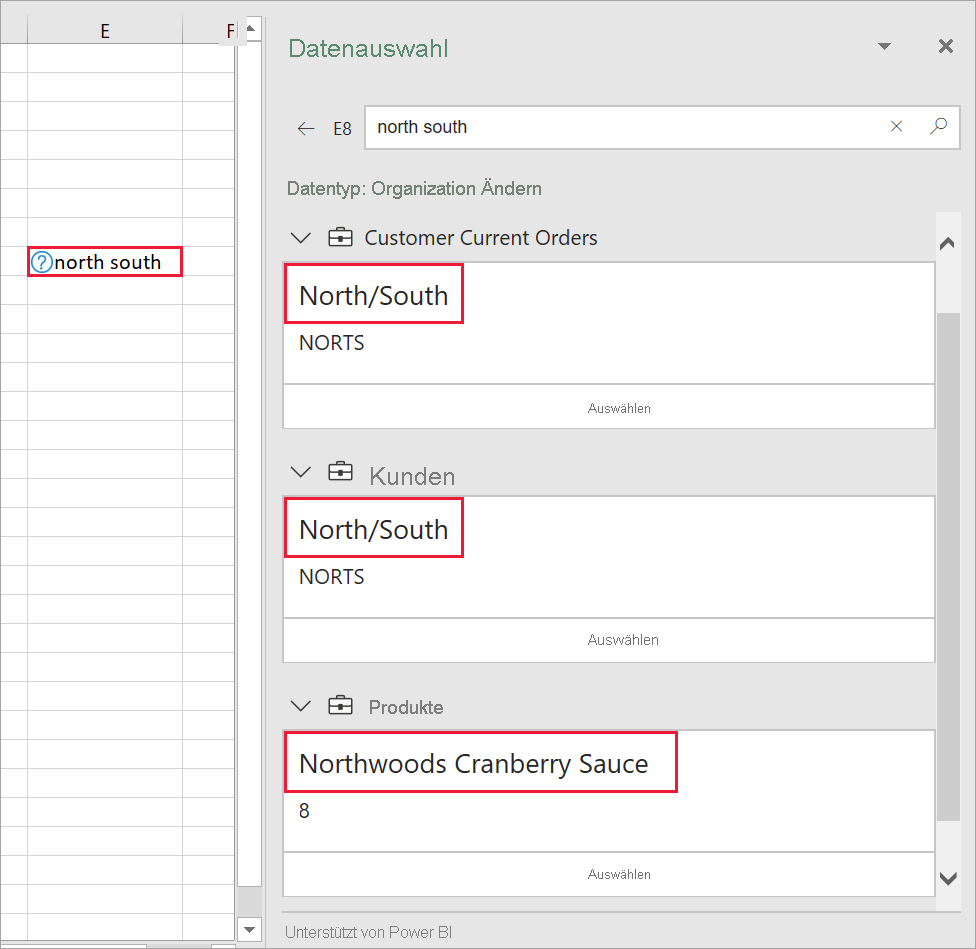 Screenshot of Excel Data Selector pane with multiple possibilities.