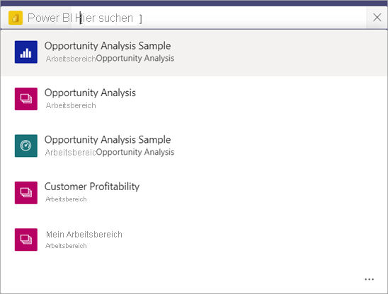 Screenshot der Microsoft Teams-Suchleiste mit einer Liste der Berichte und „Mein Arbeitsbereich