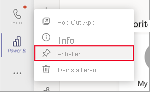 Screenshot des Teams-Navigationsbereichs. Auf das Power BI-Symbol wird mit der rechten Maustaste geklickt, und die Option „Anheften“ ist ausgewählt.