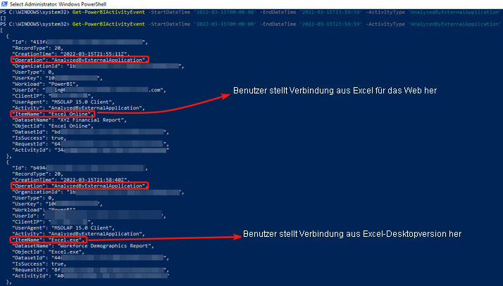 Screenshot of PowerShell Get-PowerBIActivityEvent cmdlet.