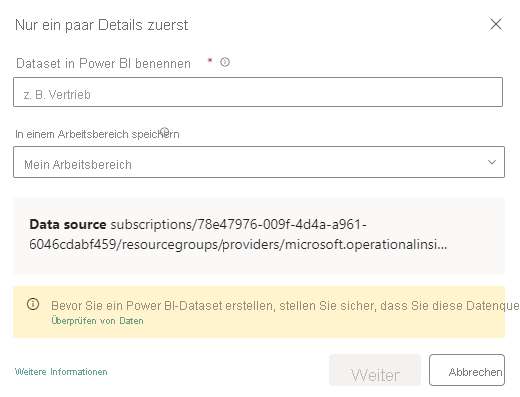 Screenshot of a dialog where you name the semantic model and choose a workspace.