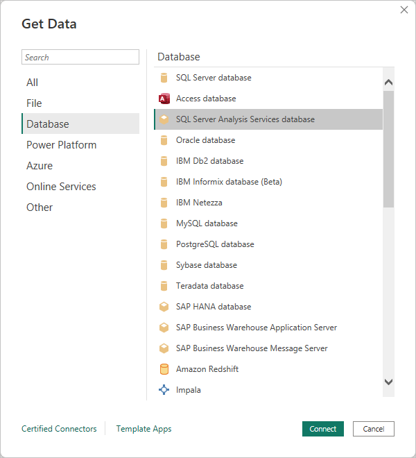 Screenshot: Dialogfeld „Daten abrufen“ mit ausgewählter SQL Server Analysis Services-Datenbank.