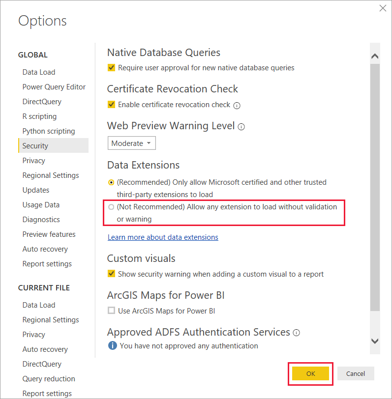 Screenshot: Zulassen von nicht zertifizierten benutzerdefinierten Connectors in den Sicherheitsoptionen für Datenerweiterungen.